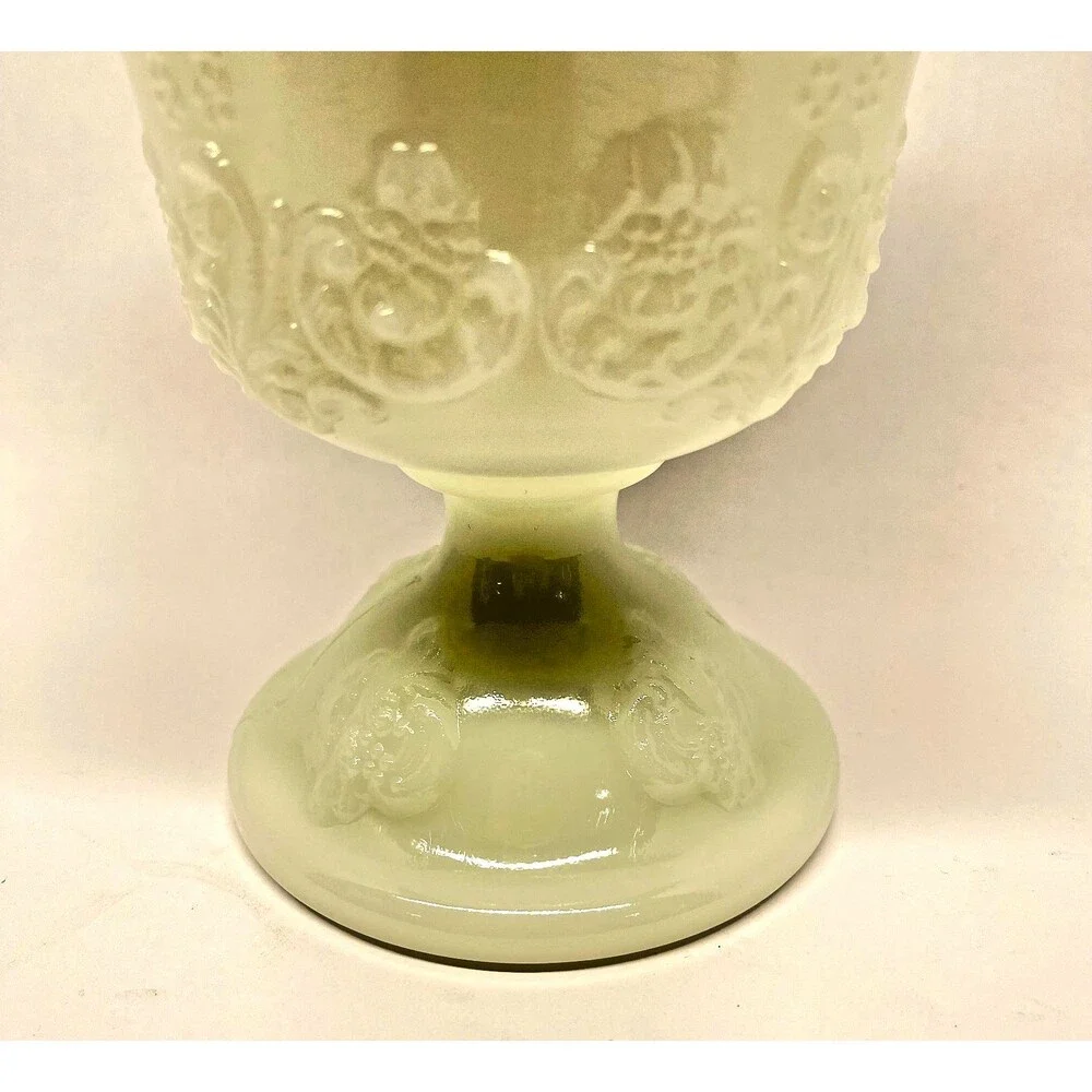 Vintage E.O. Brody M4300 Milk Glass Pedestal Vase Planter 7” Grape Scroll USA
